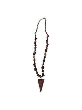 Druzy Triangle Pendant Mixed Stone Beaded Necklace Red Brown Gold Tone 26 Inch